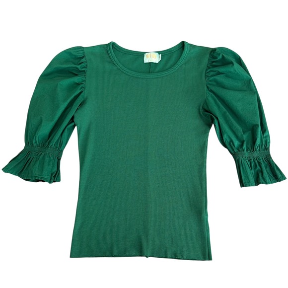 Nation LTD Kenzie Flounce Sleeve Tee Emerald Green Ribbed Top Size Small Holiday - Picture 11 of 11